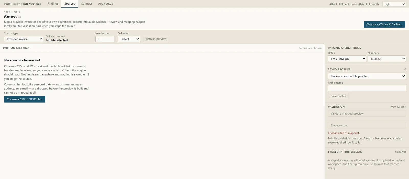 The Sources step: a source-type selector, header row and delimiter controls, a column-mapping table, parsing assumptions for dates and numbers, saved import profiles and a staging control. The panel explains that columns which look like personal data are dropped before the preview is built.